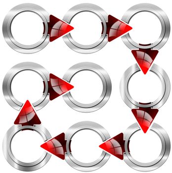 Next step with nine modular circular metal boxes and red arrows