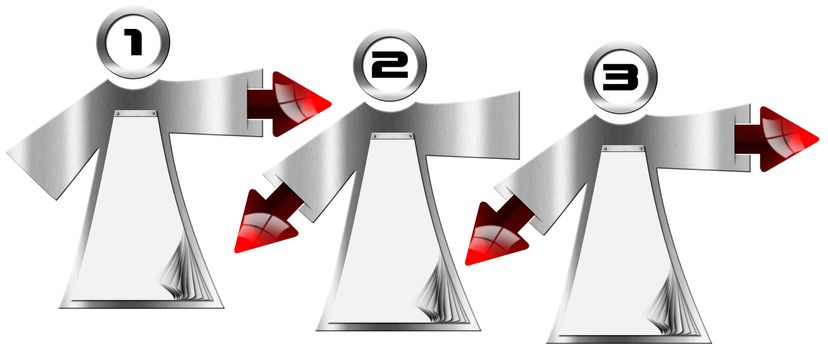 Three metallic banners man-shaped with red arrows and blank pages - Next step