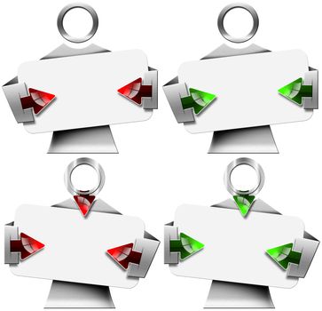 Four metallic banners man-shaped with empty billboard. Red and green arrows