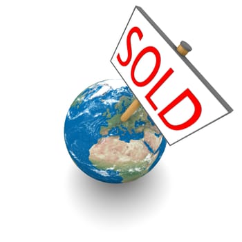 Sold sign on planet Earth isolated on white background. Elements of this image furnished by NASA.