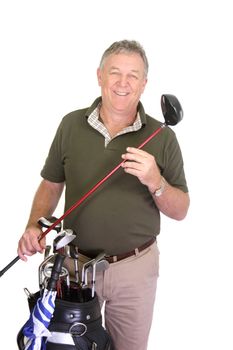 Wealthy middle aged man holding a golf club with golf bag.