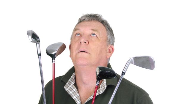 Middle aged golfer looking toward the heavens praying for his next shot.