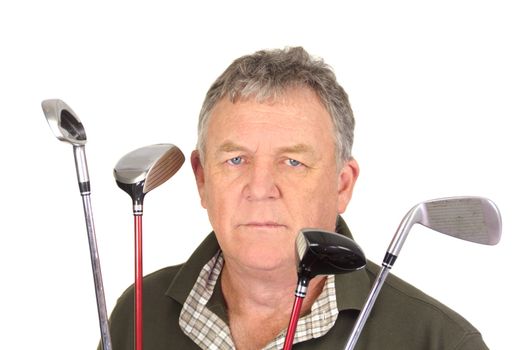 Very angry middle aged golfer with clubs looking at camera.