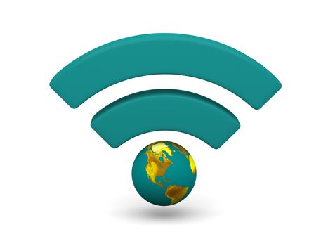 Green WiFi symbol with planet Earth isolated on white background. Elements of this image furnished by NASA.