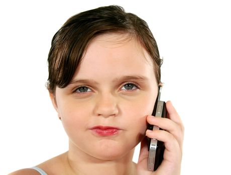 Little girl with a suspicious look on her cell phone.