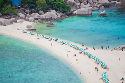 Aerial view of tourists snorkeling in the ocean
