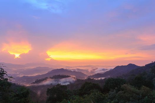 Beautiful sunset beam on forest landscape after rain storm in thailand.