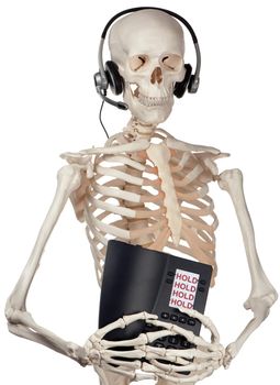 A skeletal phone operator has a phone permanently on hold.