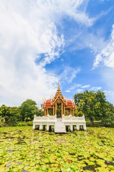 Thai temple on the water at Rama 9 Garden Bangkok, Thailand