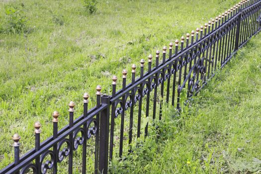 Metal fence separates the grassy meadow
