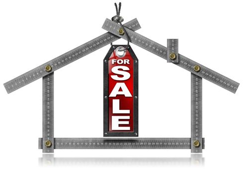 Metallic gray meter tool forming a house and hanging tag with written "for sale" 

