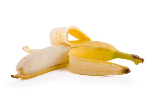 Ripe peeled banana, fruit isolated on white