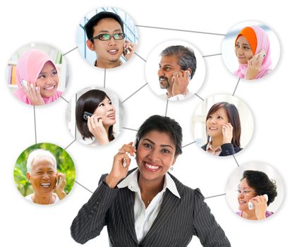 People talking on the phone. Collage made network connection of diversity races. Asian communication concept.
