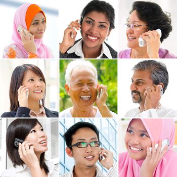People talking on the phone. Collage made of nine pictures of diversity races. Asian communication concept.