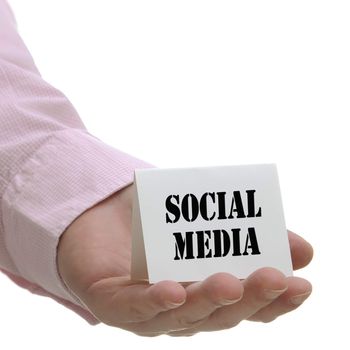 Businessman holding social media sign with white copy space 