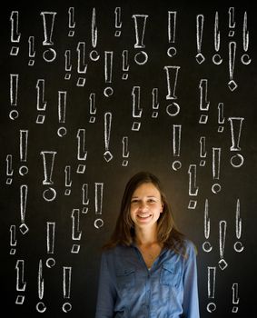 Businesswoman, student or teacher with chalk exclamation marks on blackboard background