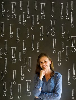 Businesswoman, student or teacher with chalk exclamation marks on blackboard background