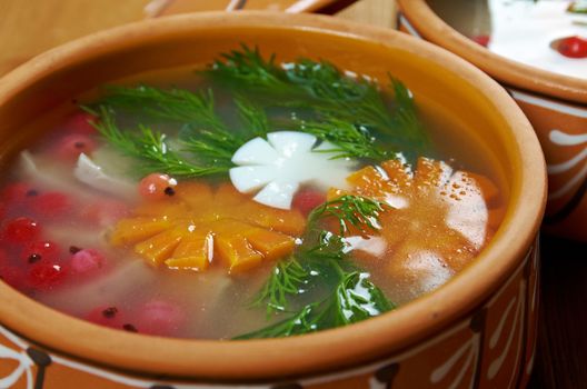 Aspic from meat decorated with egg, carrot,