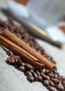 Coffee cup with cinnamon and coffee beans background