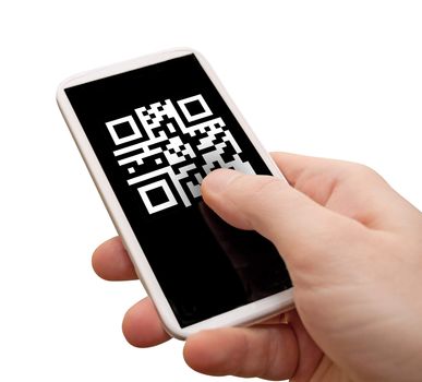 Reading QR Code - Man's Hand With Smartphone With QR Code on Display - Isolated on White