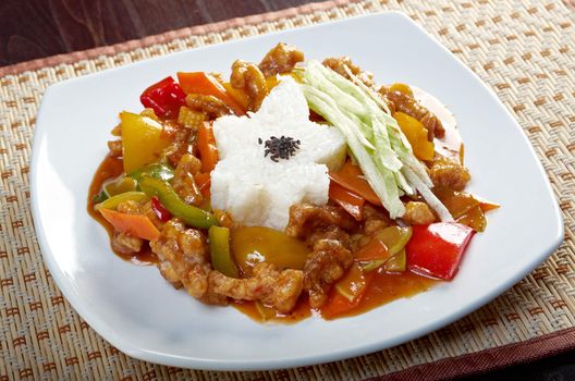 pork with vegetable and soya sauce.closeup.chinese cuisine