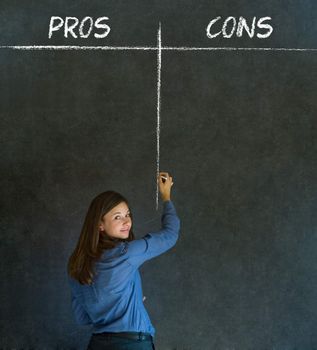 Businesswoman, student or teacher thinking pros and cons decision list chalk concept blackboard background