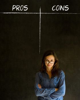 Businesswoman, student or teacher thinking pros and cons decision list chalk concept blackboard background