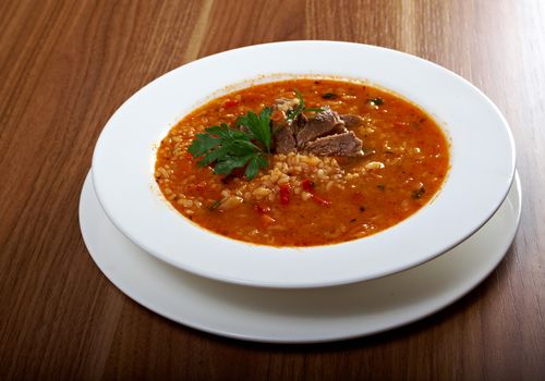 Soup Kharcho, traditional Georgian soup with meat and rice