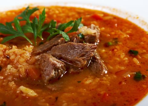 Soup Kharcho, traditional Georgian soup with meat and rice