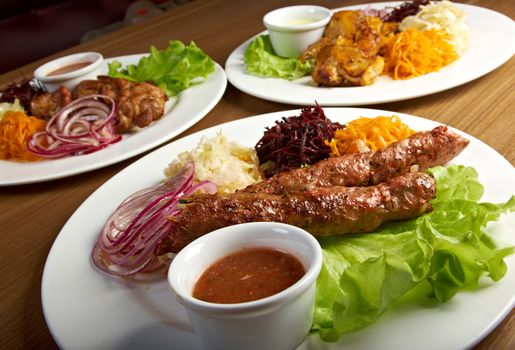 Shashlik (shish kebab). beef making roasted with vegetable closeup