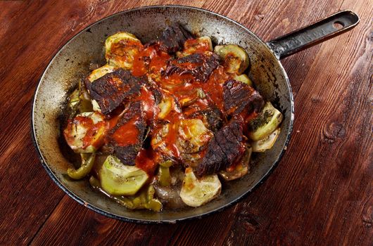  Beef Ragout with wine sauce and  vegetables on french.farm-style 