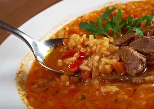 Soup Kharcho, traditional Georgian soup with meat and rice