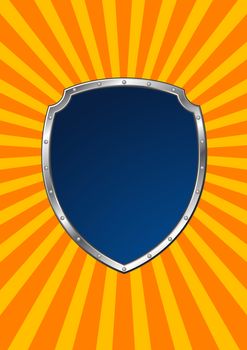 riveted metal shield on rays background - template illustration