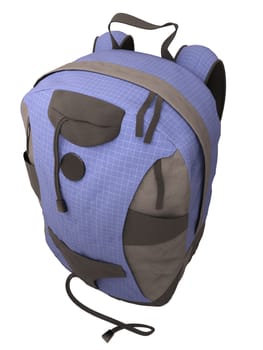 Blue travel backpack close up on a light background