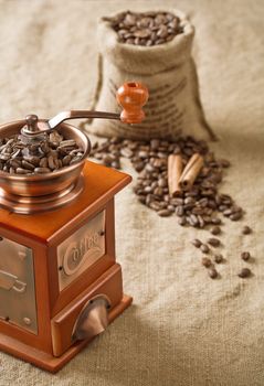 coffee in bag cinnamon and coffee mill