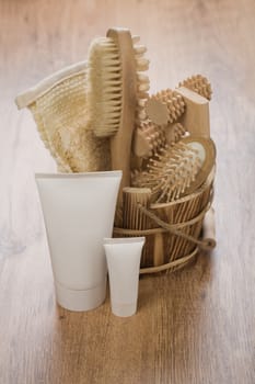 tubes and wooden bucket