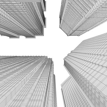 Skyscraper rendering in lines. Isolated render on a white background