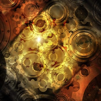 Mechanical template with metallic gears on brown grunge background