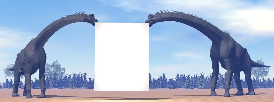 Two brachiosaurus dinosaurs holding blank sign in the desert by daylight