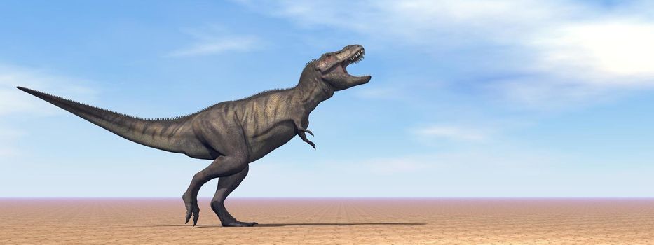 One tyrannosaurus dinosaur standing in the desert by daylight