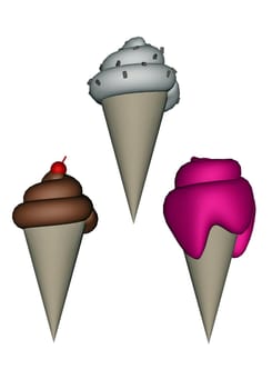 Ice cream cone of three different flavors in white background