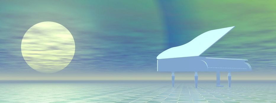 White grand piano alone outdoor by full moon night