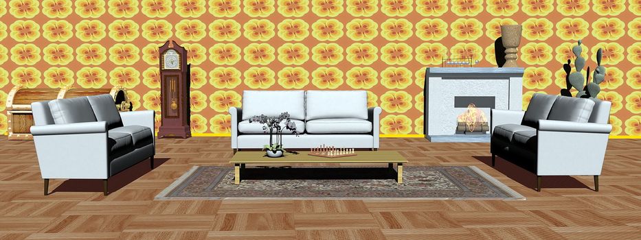 Interior of modern apartment with white sofas, carpet, fireplace and yellow wallpaper