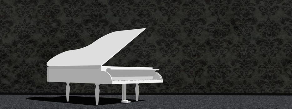 White grand piano in a room with dark wallpaper