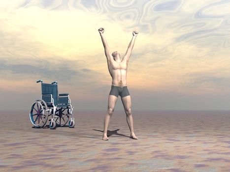 Happy man up from a wheelchair and manifesting hapiness to the sky with both arms up by sunset light