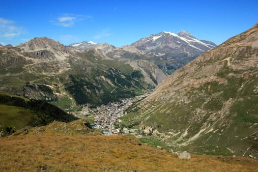 View on Val d'Isere village from Iseran pass by summer day, France