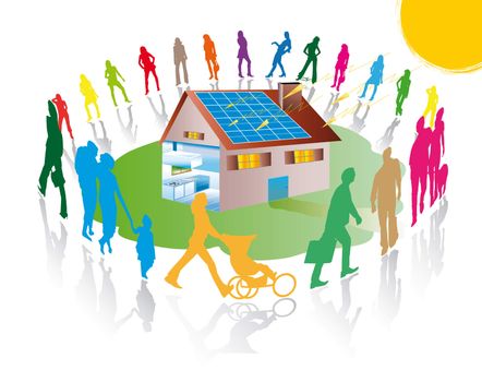 silhouettes of people around a house with solar photovoltaic panels and solar radiation