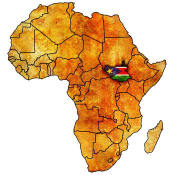 south sudan on actual vintage political map of africa with flags