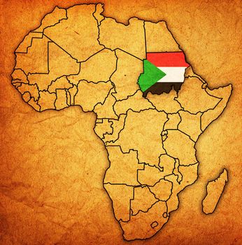 sudan on actual vintage political map of africa with flags