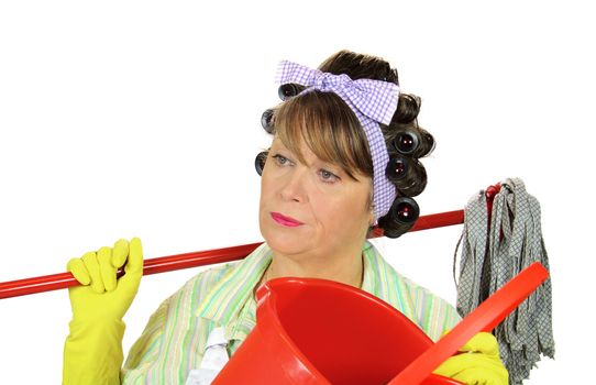 Frumpy unhappy middle aged housewife with a mop and bucket.